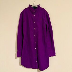 Girls Ralph Lauren Purple Corduroy Shirt Dress Long Sleeve 12 Ruffle Mock Neck